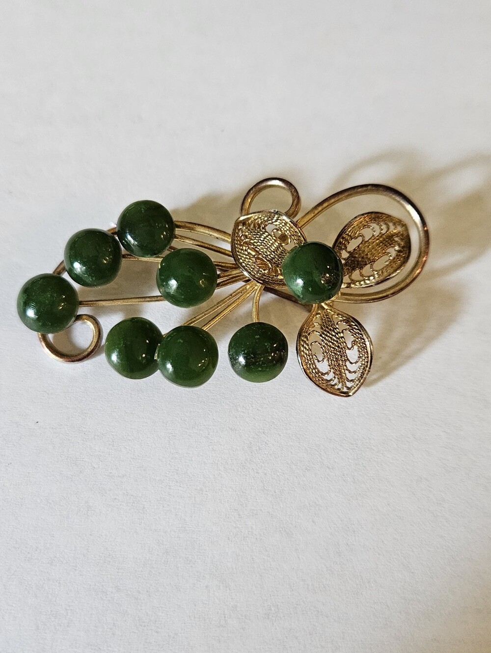 Green Jade Brooch Pin Flower Bouquet Filigree Gold Tone? Stone Cabochon